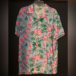 Peanuts Blue Floral Hawaiian Surfing Snoopy Button Down Shirt